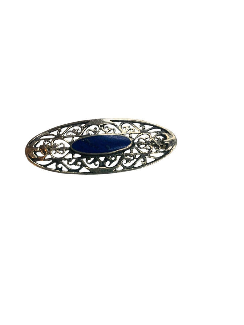 Signed Boma Sterling Silver Lapis Lazuli Fiigree Brooch Pin  Vintage 1.75"