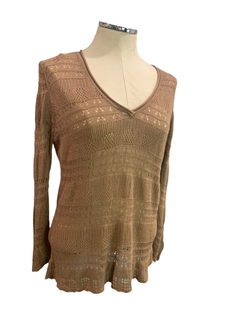 Large Joseph A. Womens Brown V-Neck Lightweight Knit Rayon Sweater Open Weave