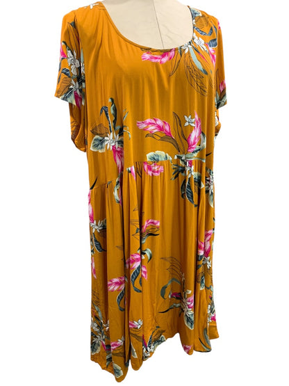 3X Torrid Gold Floral Boho Dress Lightweight Short Sleeve Stretch Rayon