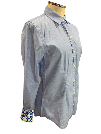 Medium C Wonder Womens Blue Contrast Cuff Button Up Shirt Blouse Signature Fit