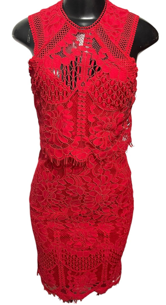 XS Lulus Sweetness Lace Crochet Overlay Sleeveless Fitted Midi Dress Back Zipper Red