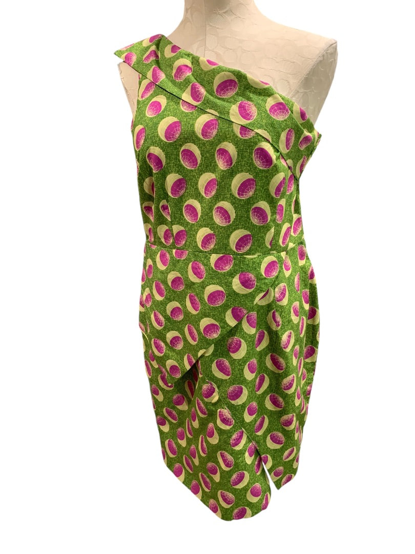 Medium Vintage 1960s One Shoulder Sheath Dress Green Pink