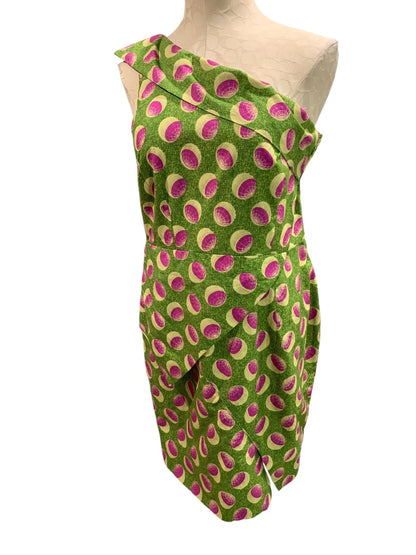 Medium Vintage 1960s One Shoulder Sheath Dress Green Pink