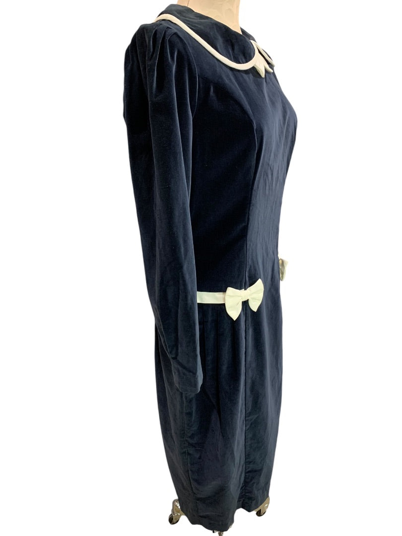 Medium Vintage 1960s Velvet Dress Navy Blue Ivory Box Trim