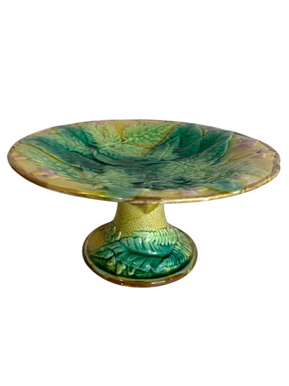 Antique Majolica Pedestal Compote Serving Dish Leaf Maple 8.5 Inches