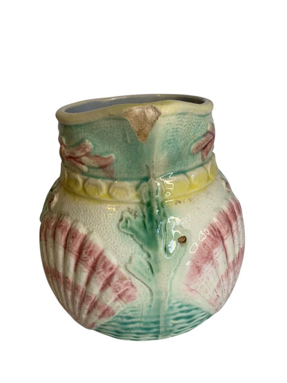 Antique 1880s Majolica Seashell Shell Seaweed Pitcher Pastel 6.5 Inch