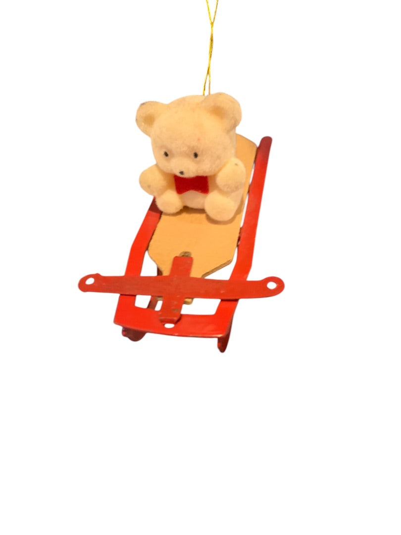 Vintage Flocked Teddy Bear on Sled Ornament Metal Wood