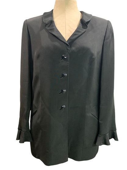 Size 14 Womens Lined Black Satin Jacket Blazer Ruffle Sleeve Hem