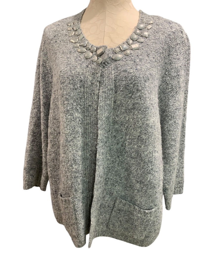 2X Ruby Rd Womens Gray Cardigan Embellished Neckline Pockets