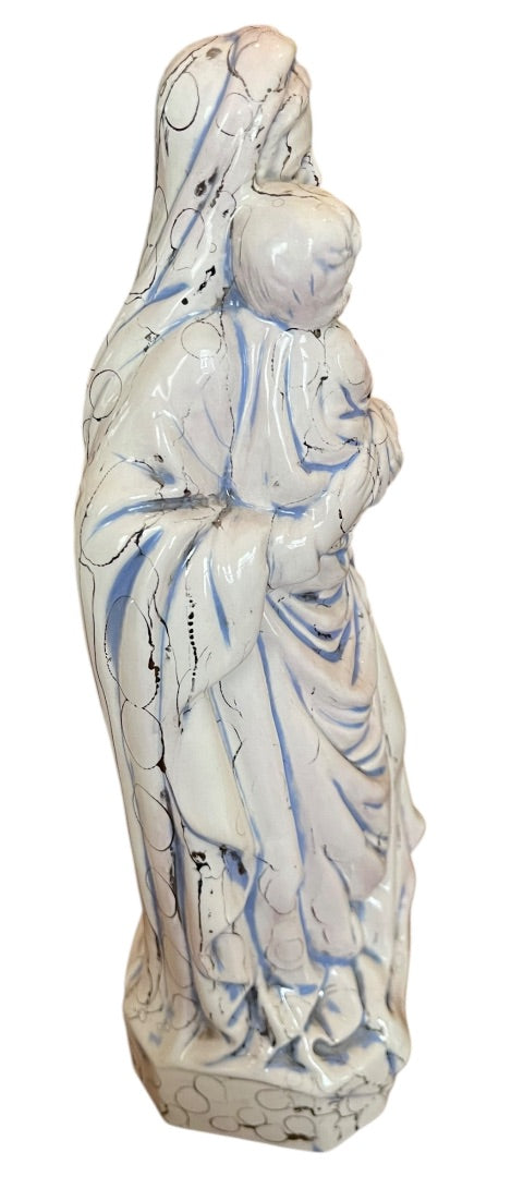 Vintage Madonna Baby Jesus Ceramic Figurine Artistic Glaze Blue Black 13.5 Inch