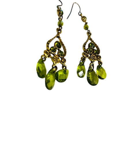 Goldtone and Green Beaded Earrings Hook Pierced 2.5" Drop