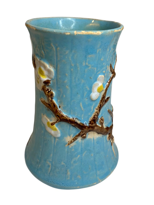 Antique English Majolica Vase Pottery Blue Dogwood 4.75 Inch