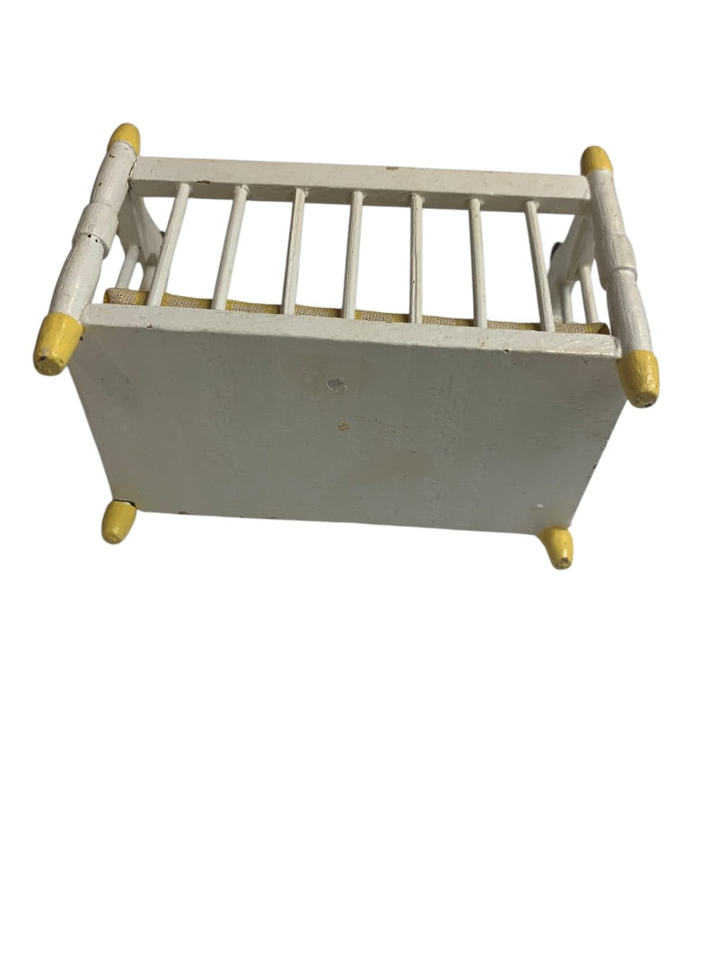 Vintage Wooden Miniature Baby Crib White Yellow 1:12