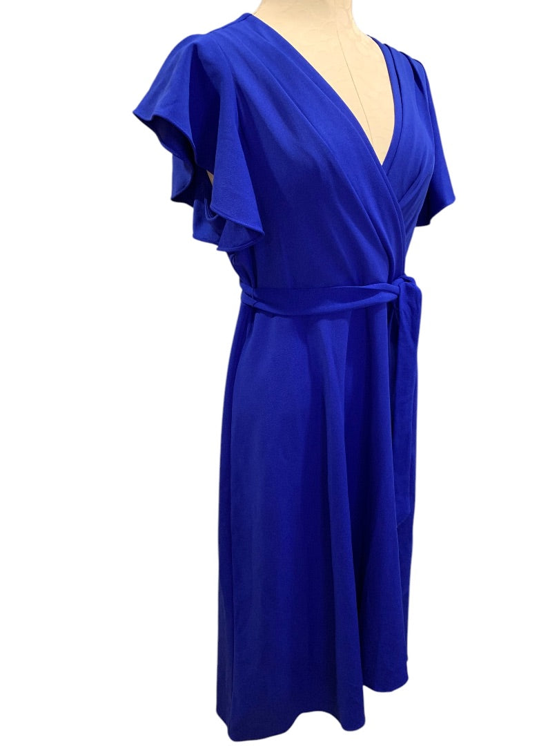 Size 12 DKNY New Flutter Sleeve Faux Wrap Dress Royal Blue