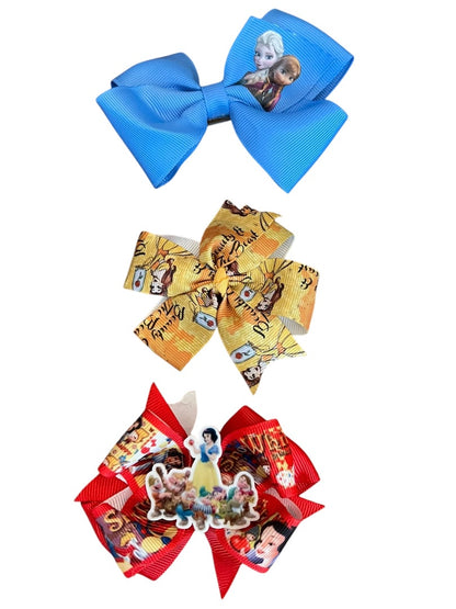 Set of 3 Princess Hair Clips Bows Beauty Frozen Snow White 3 Inch