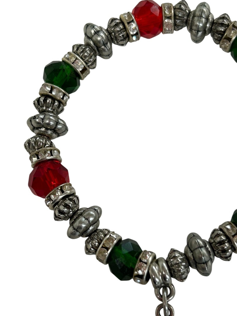 Stretch Silvertone Bracelet Snowman Charm Red Green Holiday