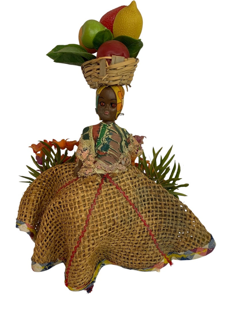 Vintage Souvenir Bahamas Doll Wicker Fruit Basket 12 Inch