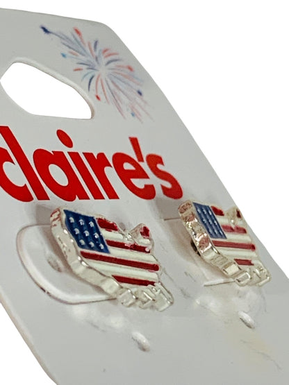 Claires New Post Pierced Earrings USA Map Flag Silvertone