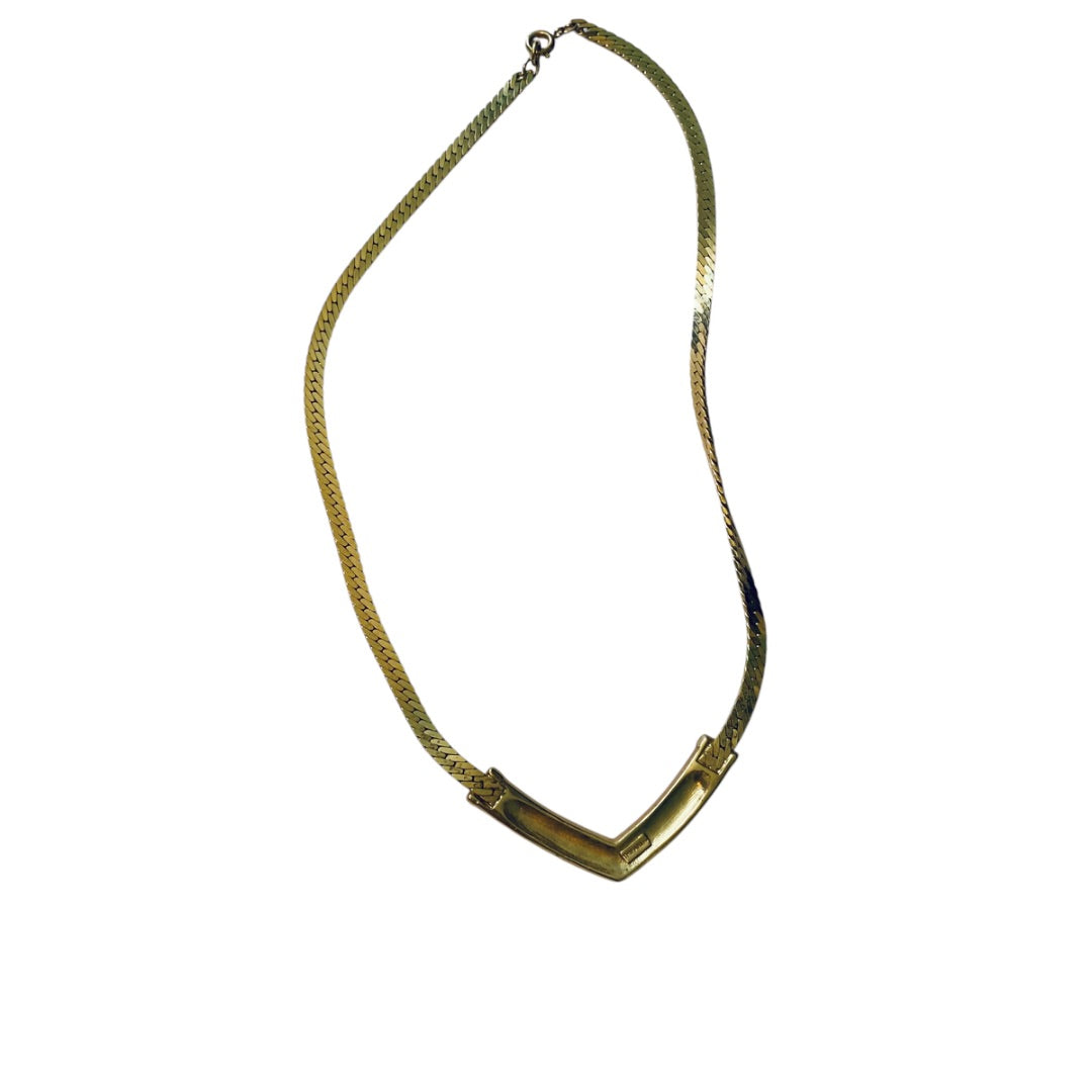 Vintage Signed Trifari Herringbone Necklace Goldtone V Shape Rhinestones 17 Inch Spring Clasp
