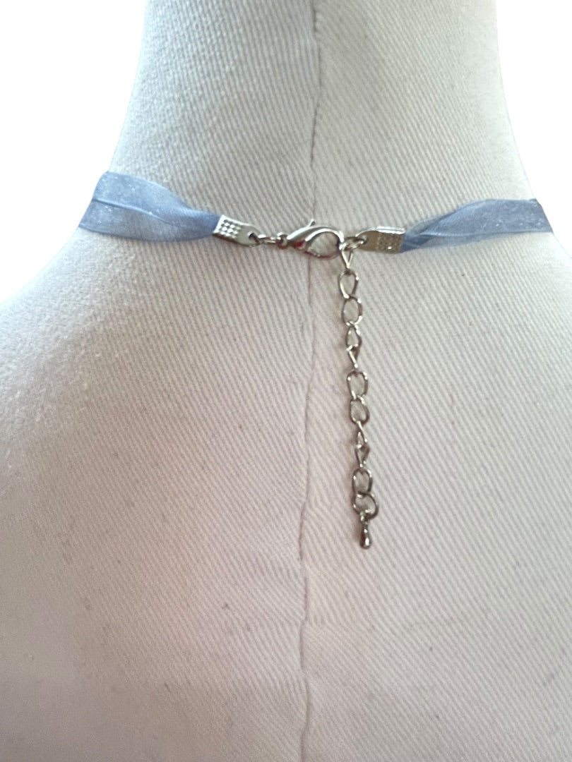 Ribbon and Glass Pendant Necklace Blue 18-20 Inch Lobster Clasp