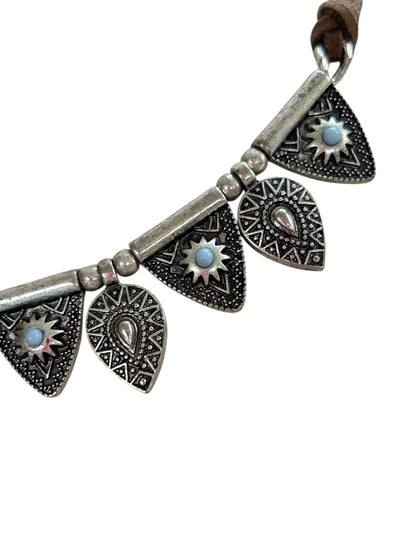 Cord and Metal Southwestern Style Necklace 15.5-18 Inch Silvertone Lobster Clasp