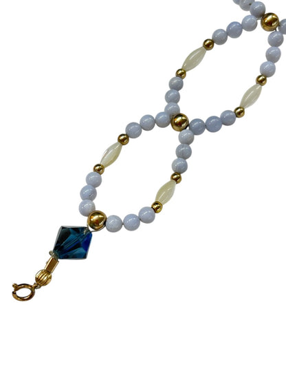 Blue Goldtone Shaped Beaded Bracelet 8.5 Inch Spring Clasp