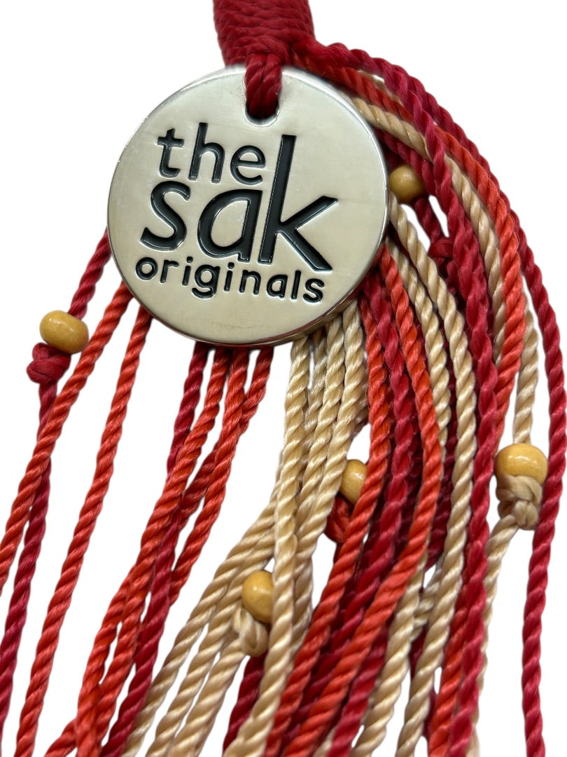 The Sac Purse Fob Tassel Red Tan Beads 6 Inch