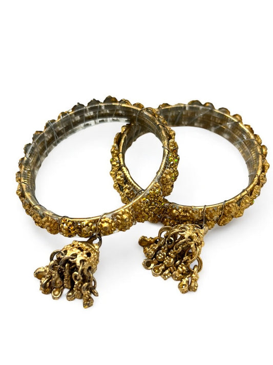 Small Goldtone Bangle Bracelets Set of 2 Glittery Tassels 2.25" Inside Diameter