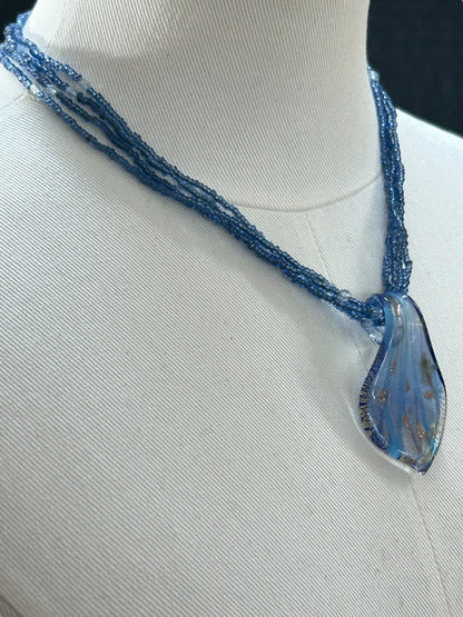 Multistrand Blue Necklace Glass Pendant 17-19 Inch Spring Clasp