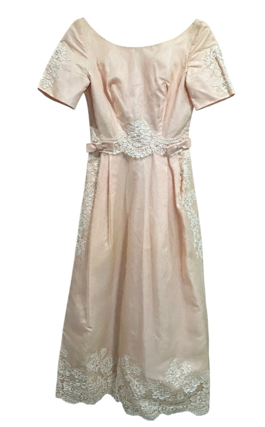 Vintage Handmade Dress Pink Lace Applique Formal 50s Tea Length