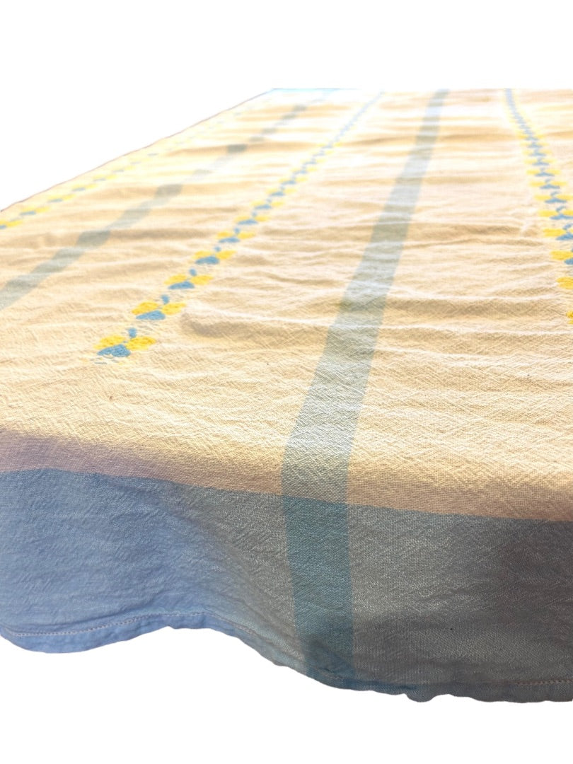 Vintage Tablecloth Linen Blue Yellow Embroidered 48 x 66 Inch Table Linen