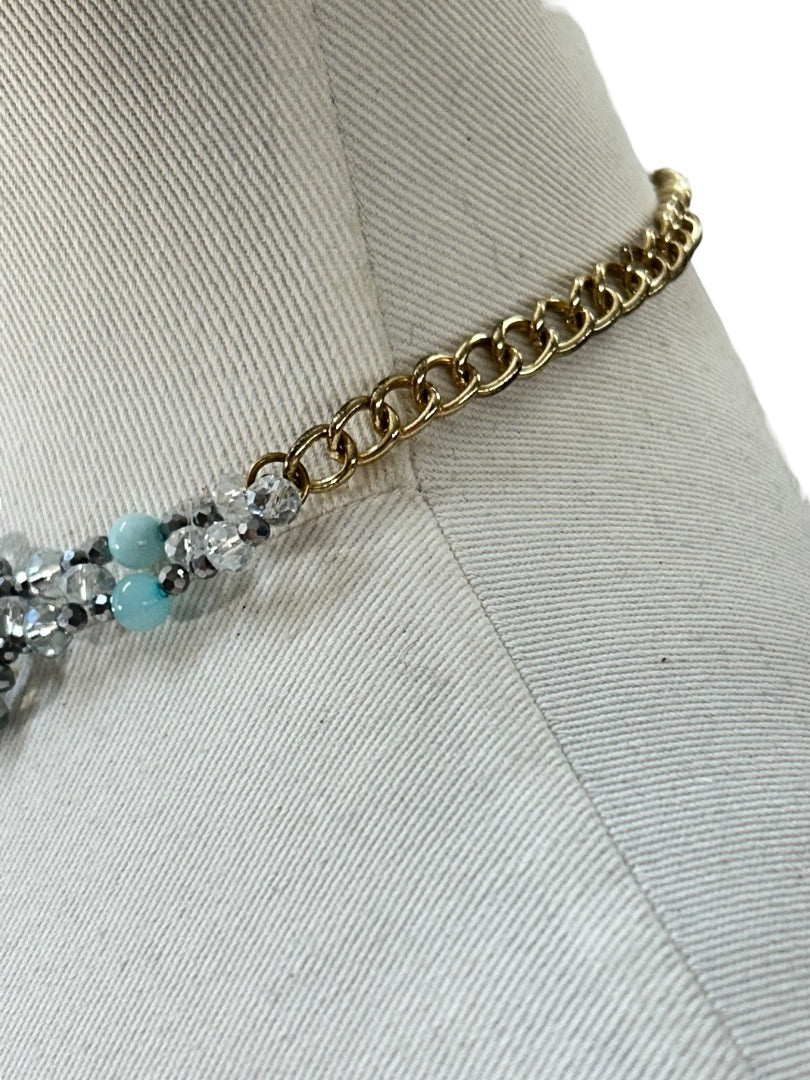 Goldtone Blue Statement Necklace 16-18 Inch Lobster Clasp Faux Pearl