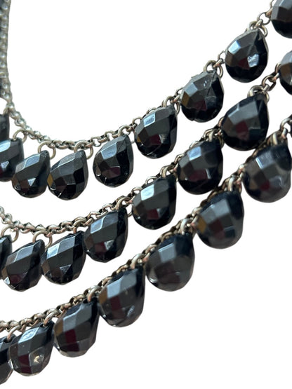 Black and Silvertone 3 Strand Tiered Necklace 20-22 Inch 2.5" Drop