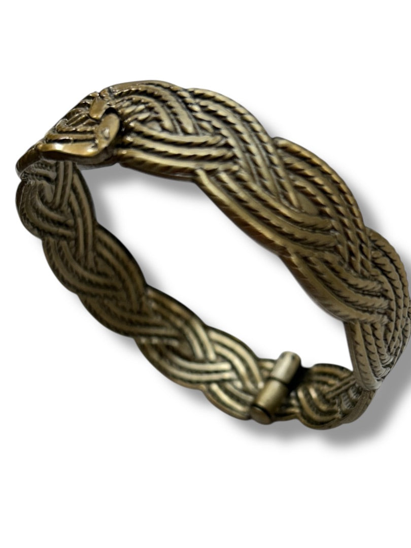 Antiqued Goldtone Hinged Bangle Bracelet Braid Design 2.25" Inside Diameter