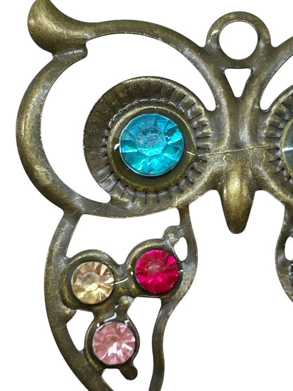 Open Pendant Owl Goldtone Multicolor 2 Inch Teal Red Pink Yellow
