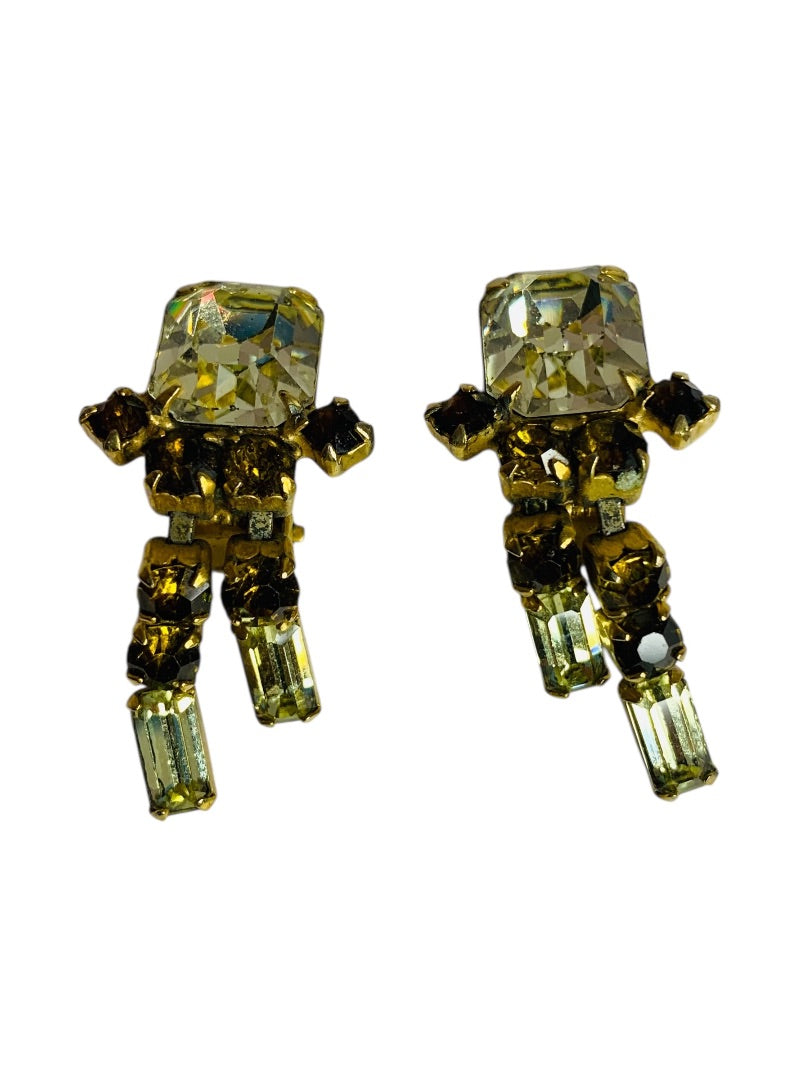 Signed Weiss Amber Crystal Earrings Non-Pierced Clip On 1.25 Inch Drop Vintage