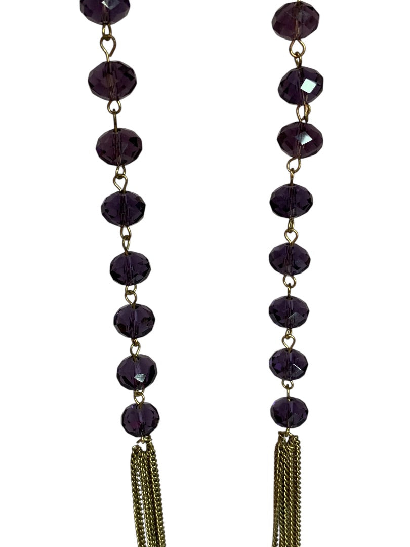 Goldtone Purple Beaded Tiered Necklace Long 32 Inch 5" Drop