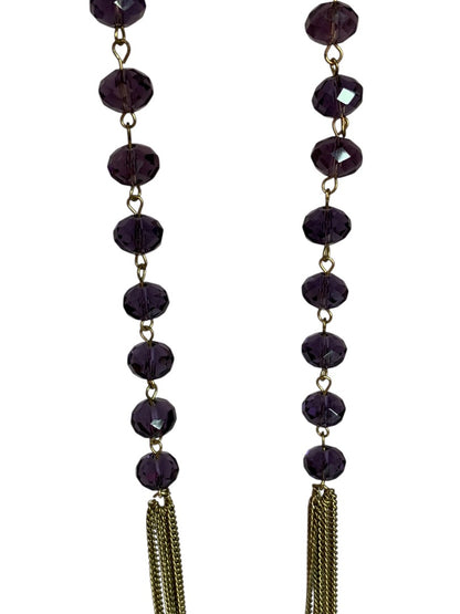 Goldtone Purple Beaded Tiered Necklace Long 32 Inch 5" Drop