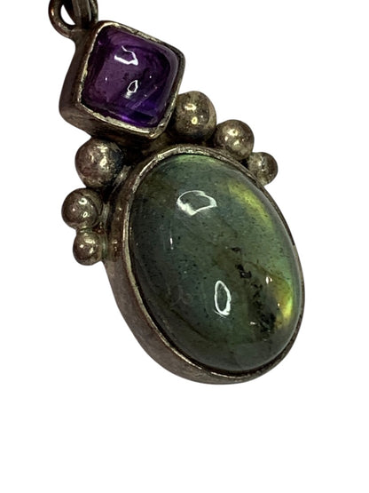 Vintage Pendant Silvertone and Green Purple 1.25 Inch Drop