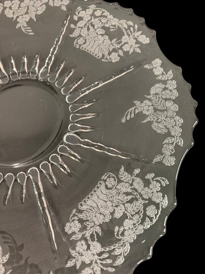 New Martinsville Flower Basket Clear Glass Etched Vintage Platter 12 Inch