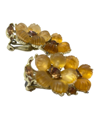 Vintage Signed Lisner Clip On Earrings Acrylic Amber Floral 1.5" Drop