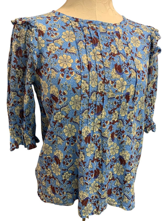 Small Petite Loft Womens Sheer Floral Metallic Threaded Half Sleeve Blouse