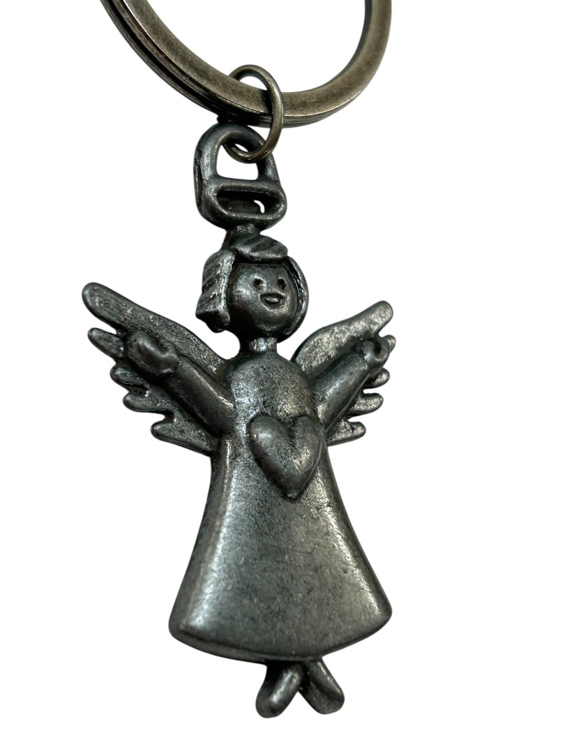 Pewter Angel Heart Keychain Key Ring Wings 3 Inch