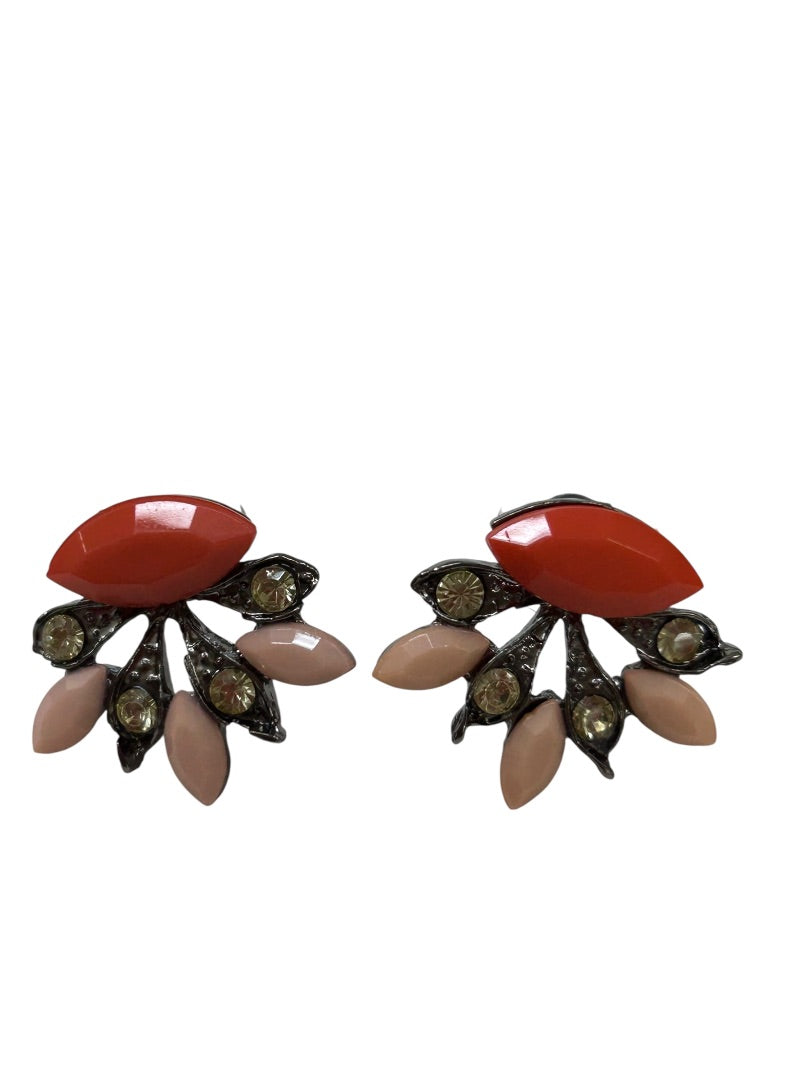 Retro Post Pierced Earrings Coral Pink Pewter Colors .75 Inch