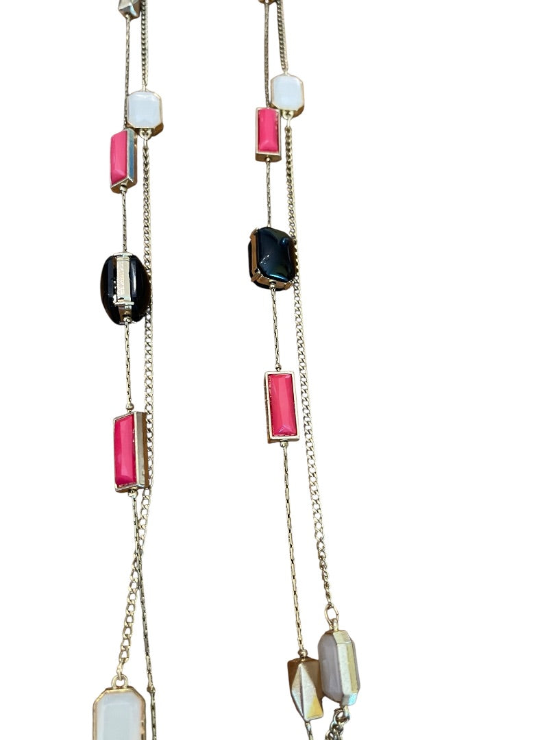 New York & Company 2 Strand Goldtone 37 Inch Beaded Necklace Black White Pink