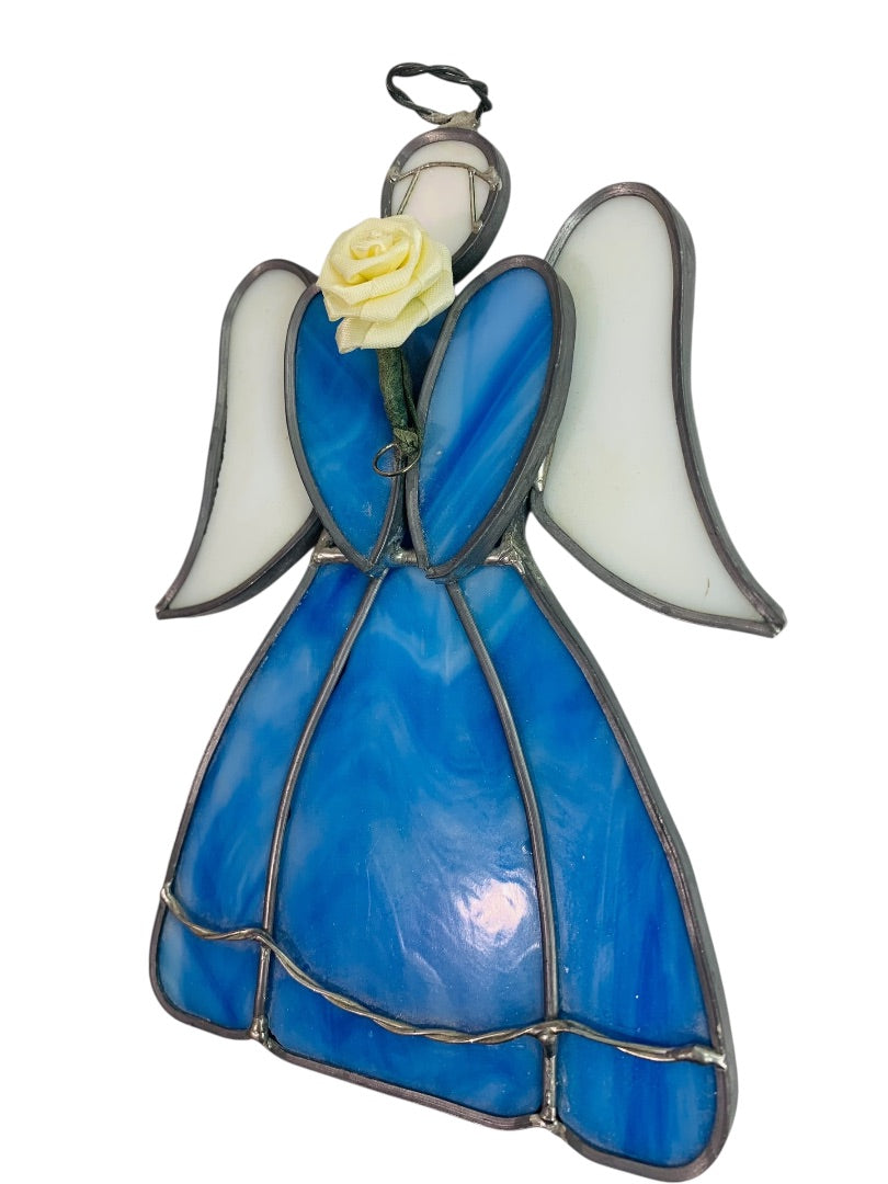 Vintage Stained Glass Angel 6.75 Inch Blue White Hanging