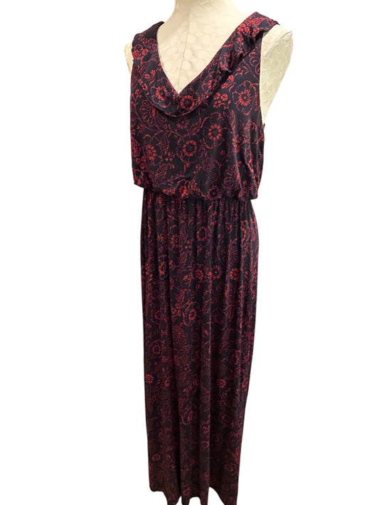 Medium Loft Navy Blue Red Floral V-Neck Tie Back Maxi Dress Soft Knit