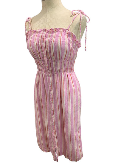 XS Universal Thread Linen Blend Sundress Striped Pockets Tie Straps Midi