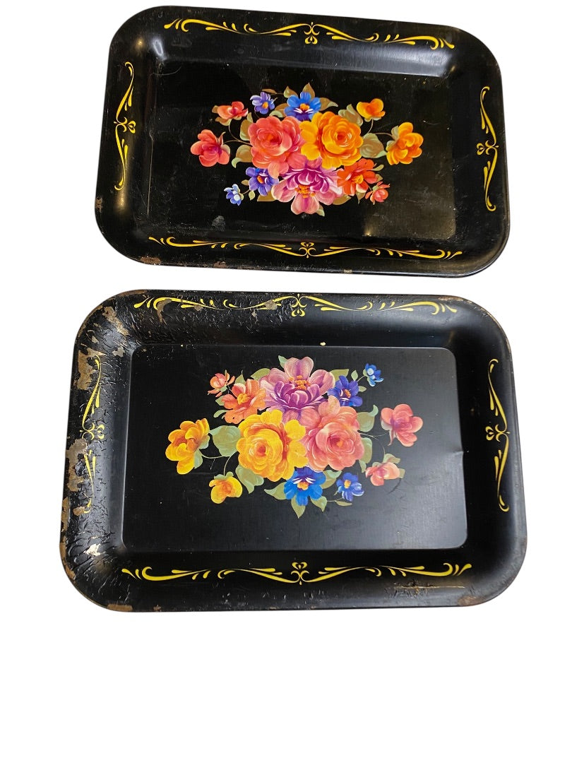 Set of 2 Vintage Toleware Small Metal Bar Trays 6.75" x 4.75" Floral Black