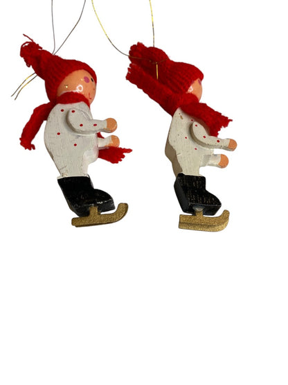 Vintage Wooden Christmas Holiday Ornaments Ice Skaters 3"